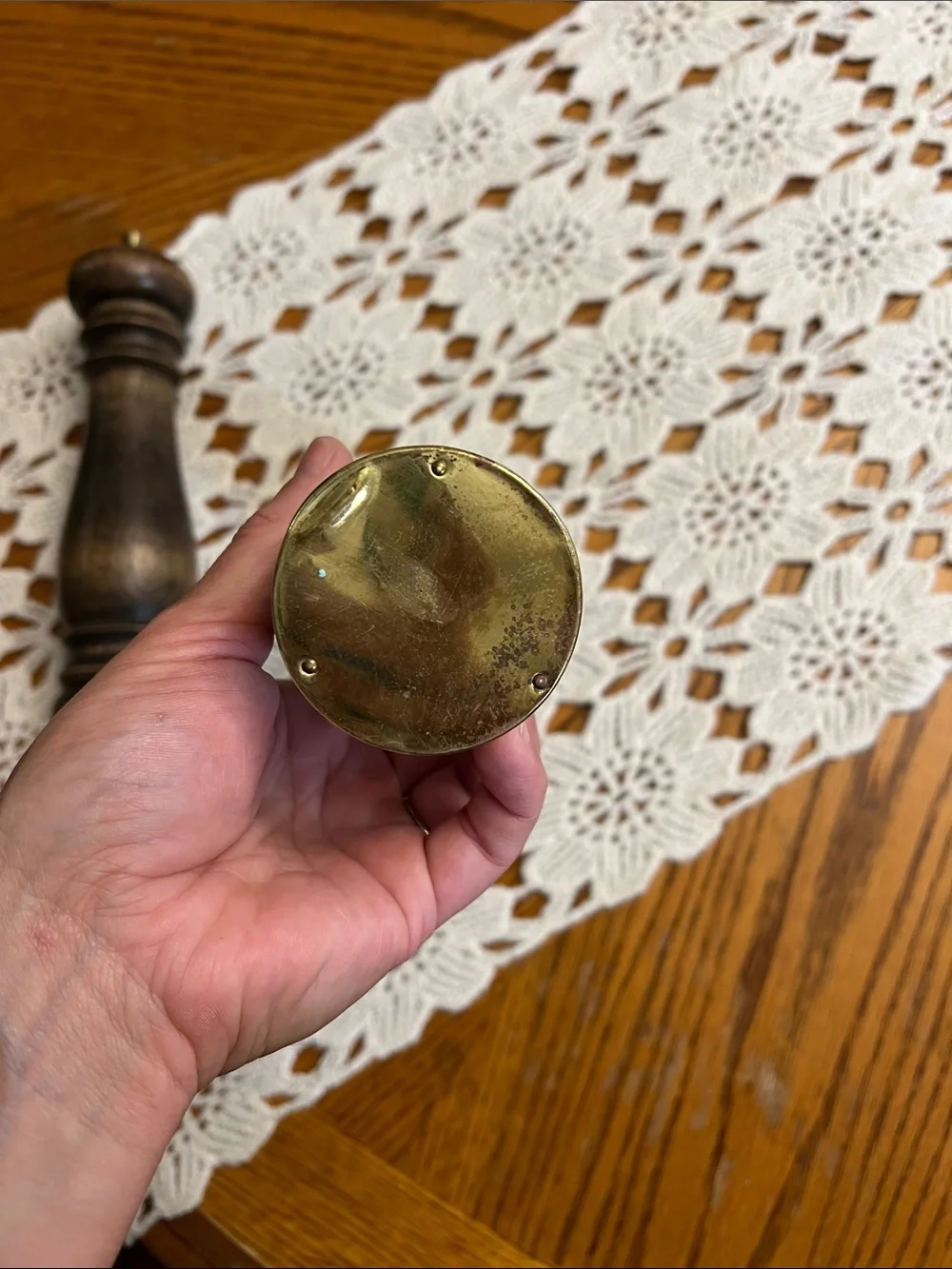 Vintage MCM Wooden Salt shake and Pepper Mill Set with Brass Accents - Brown